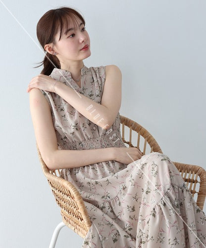 Casual Dress Floral Pattern Sleeveless Stand-up Collar Polka Dot Cool Touch