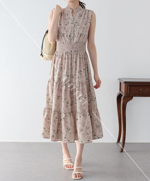 Casual Dress Floral Pattern Sleeveless Stand-up Collar Polka Dot Cool Touch
