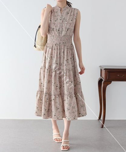 Casual Dress Floral Pattern Sleeveless Stand-up Collar Polka Dot Cool Touch