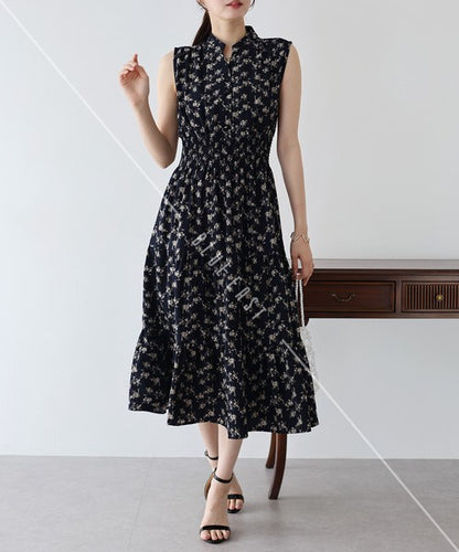 Casual Dress Floral Pattern Sleeveless Stand-up Collar Polka Dot Cool Touch