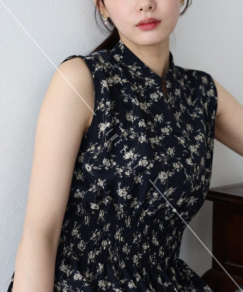 Casual Dress Floral Pattern Sleeveless Stand-up Collar Polka Dot Cool Touch