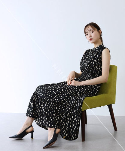 Casual Dress Floral Pattern Sleeveless Stand-up Collar Polka Dot Cool Touch