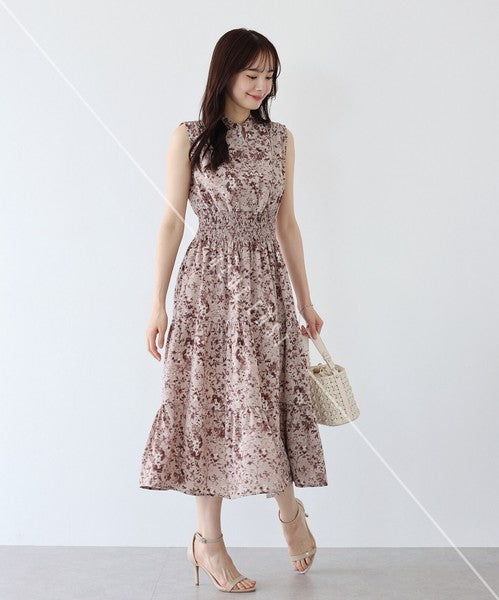 Casual Dress Floral Pattern Sleeveless Stand-up Collar Polka Dot Cool Touch