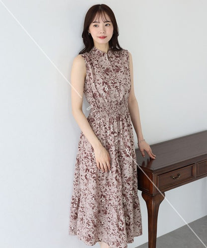 Casual Dress Floral Pattern Sleeveless Stand-up Collar Polka Dot Cool Touch
