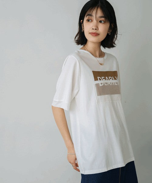 Foil Box Logo T-Shirt◇Design T-Shirt with Foil Logo Layered with Organza