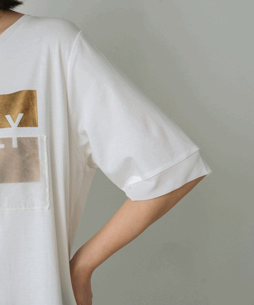 Foil Box Logo T-Shirt◇Design T-Shirt with Foil Logo Layered with Organza