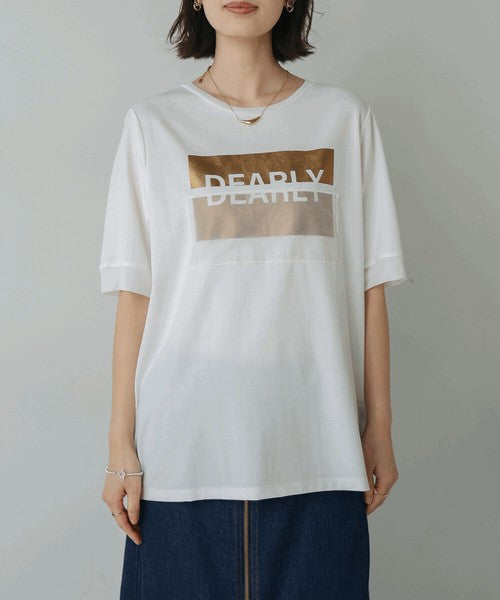 Foil Box Logo T-Shirt◇Design T-Shirt with Foil Logo Layered with Organza