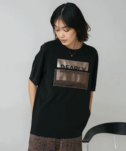 Foil Box Logo T-Shirt◇Design T-Shirt with Foil Logo Layered with Organza