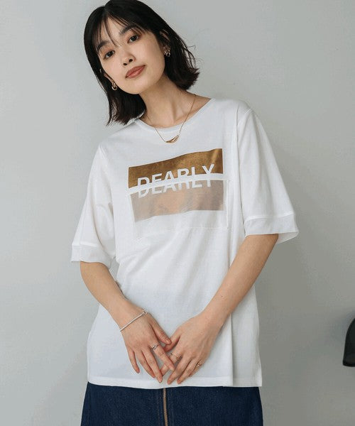 Foil Box Logo T-Shirt◇Design T-Shirt with Foil Logo Layered with Organza