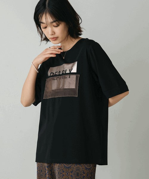 Foil Box Logo T-Shirt◇Design T-Shirt with Foil Logo Layered with Organza