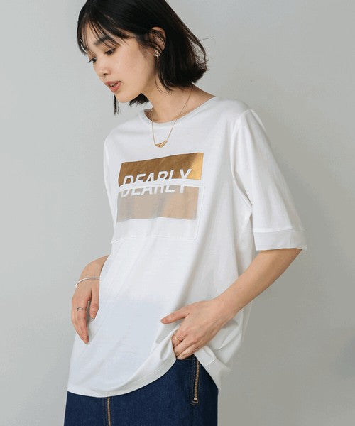 Foil Box Logo T-Shirt◇Design T-Shirt with Foil Logo Layered with Organza