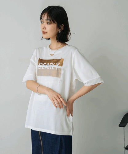 Foil Box Logo T-Shirt◇Design T-Shirt with Foil Logo Layered with Organza