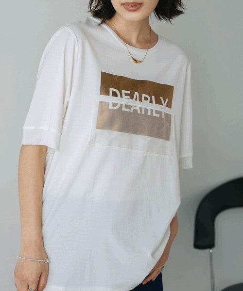 Foil Box Logo T-Shirt◇Design T-Shirt with Foil Logo Layered with Organza