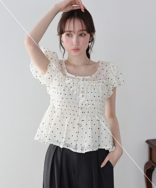 Button Shirt/Blouse Short Sleeve Shirring Puff Sleeve