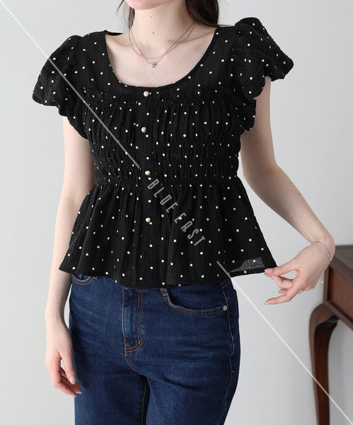 Button Shirt/Blouse Short Sleeve Shirring Puff Sleeve