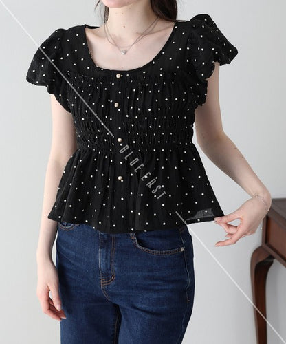 Button Shirt/Blouse Short Sleeve Shirring Puff Sleeve