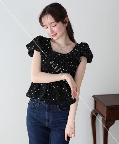 Button Shirt/Blouse Short Sleeve Shirring Puff Sleeve