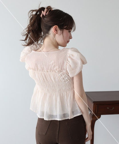 Button Shirt/Blouse Short Sleeve Shirring Puff Sleeve