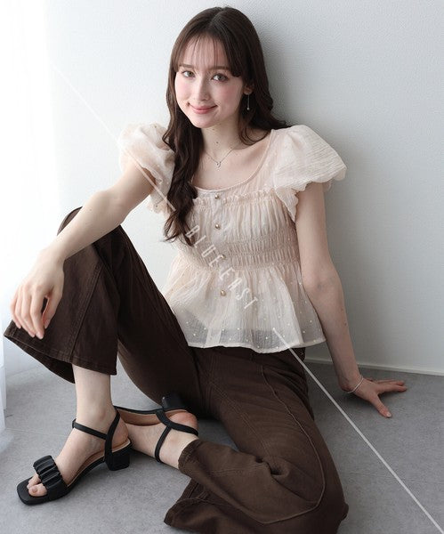 Button Shirt/Blouse Short Sleeve Shirring Puff Sleeve