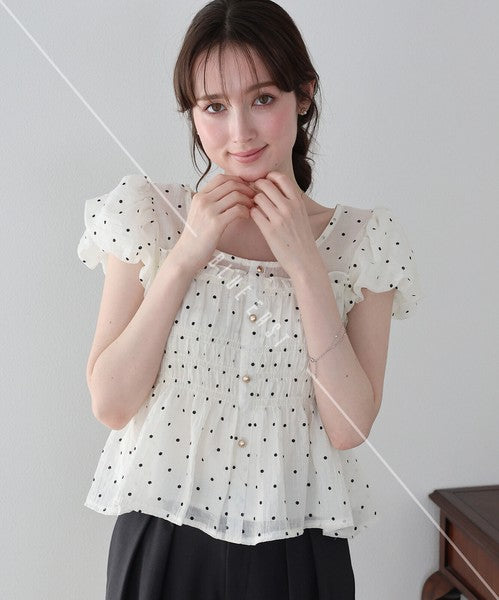 Button Shirt/Blouse Short Sleeve Shirring Puff Sleeve