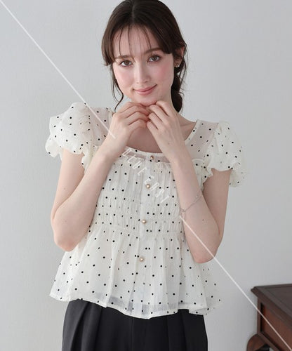 Button Shirt/Blouse Short Sleeve Shirring Puff Sleeve