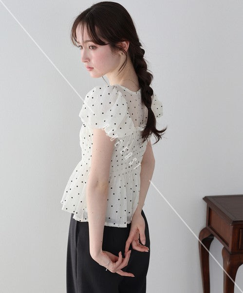 Button Shirt/Blouse Short Sleeve Shirring Puff Sleeve