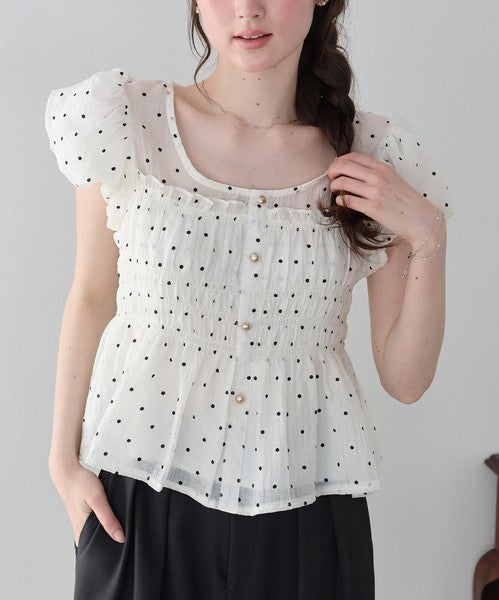 Button Shirt/Blouse Short Sleeve Shirring Puff Sleeve