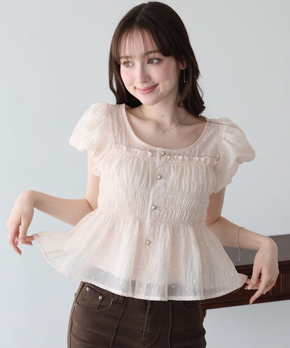 Button Shirt/Blouse Short Sleeve Shirring Puff Sleeve