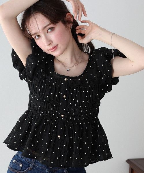 Button Shirt/Blouse Short Sleeve Shirring Puff Sleeve