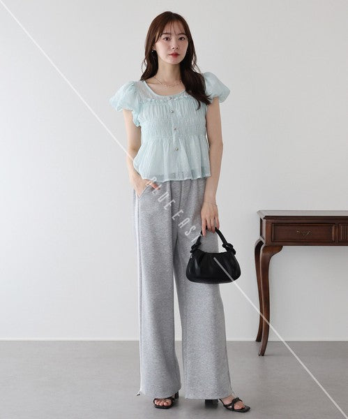 Button Shirt/Blouse Short Sleeve Shirring Puff Sleeve