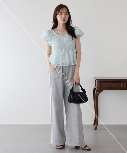 Button Shirt/Blouse Short Sleeve Shirring Puff Sleeve