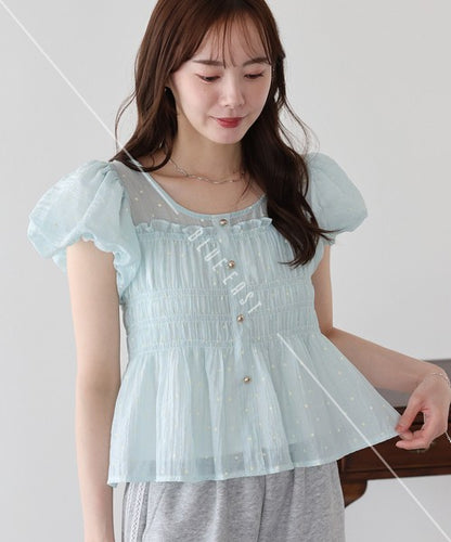 Button Shirt/Blouse Short Sleeve Shirring Puff Sleeve