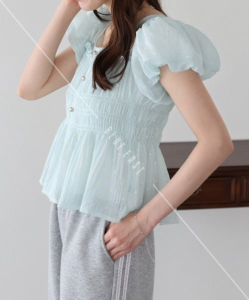 Button Shirt/Blouse Short Sleeve Shirring Puff Sleeve
