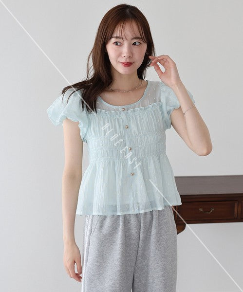 Button Shirt/Blouse Short Sleeve Shirring Puff Sleeve
