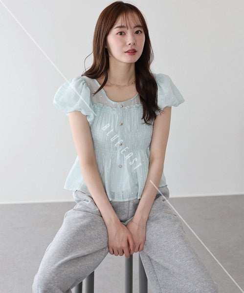 Button Shirt/Blouse Short Sleeve Shirring Puff Sleeve