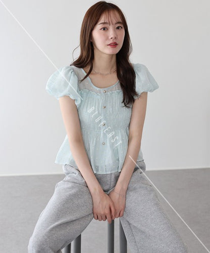 Button Shirt/Blouse Short Sleeve Shirring Puff Sleeve