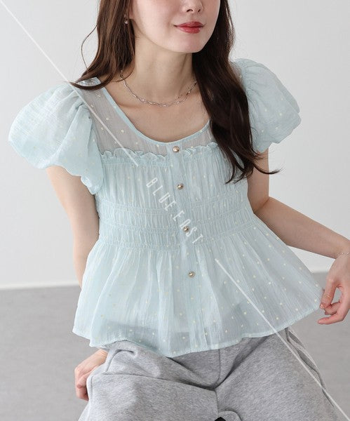 Button Shirt/Blouse Short Sleeve Shirring Puff Sleeve