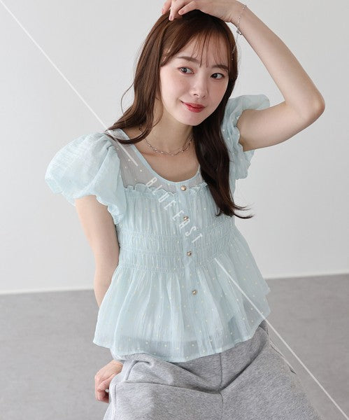 Button Shirt/Blouse Short Sleeve Shirring Puff Sleeve