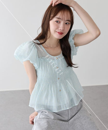 Button Shirt/Blouse Short Sleeve Shirring Puff Sleeve