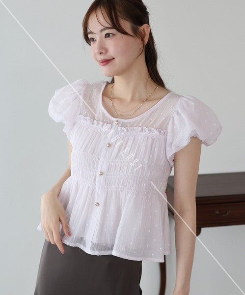Button Shirt/Blouse Short Sleeve Shirring Puff Sleeve