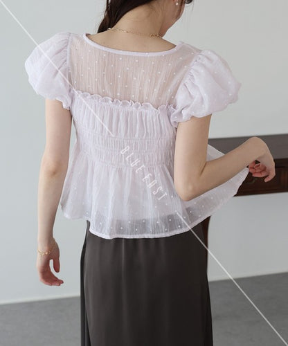 Button Shirt/Blouse Short Sleeve Shirring Puff Sleeve