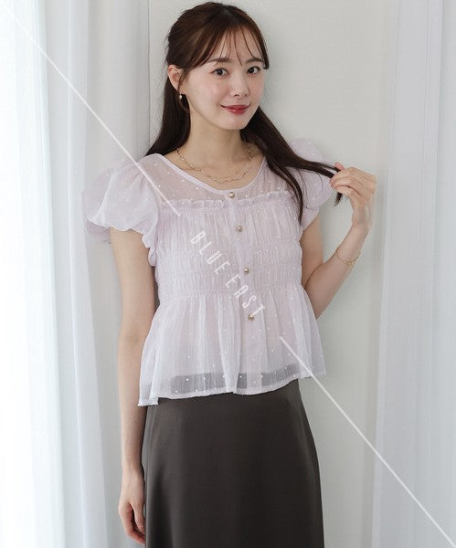 Button Shirt/Blouse Short Sleeve Shirring Puff Sleeve