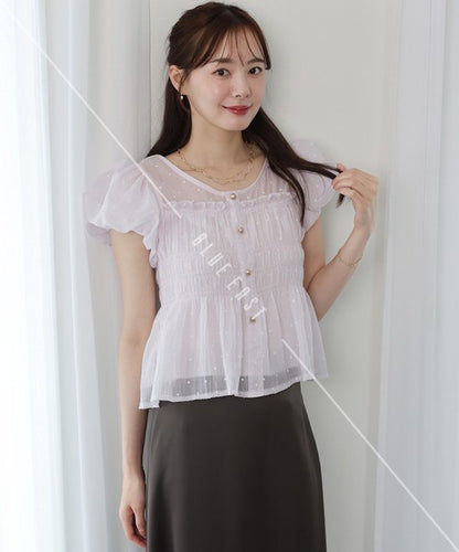 Button Shirt/Blouse Short Sleeve Shirring Puff Sleeve