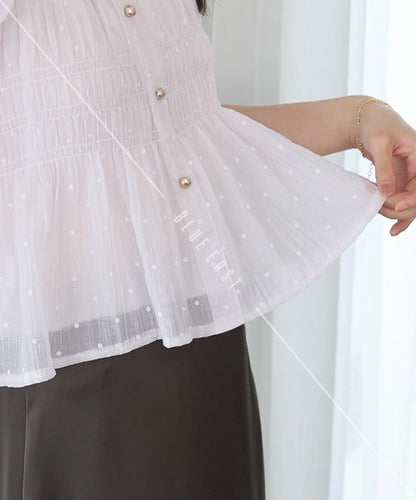 Button Shirt/Blouse Short Sleeve Shirring Puff Sleeve