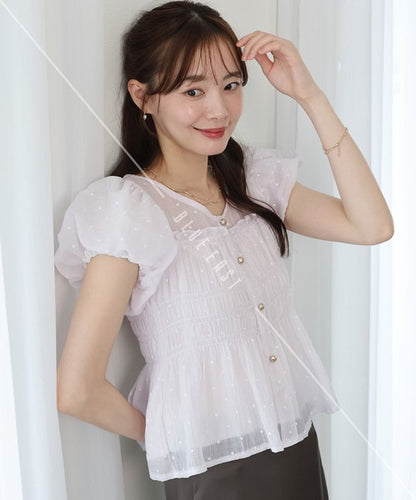 Button Shirt/Blouse Short Sleeve Shirring Puff Sleeve