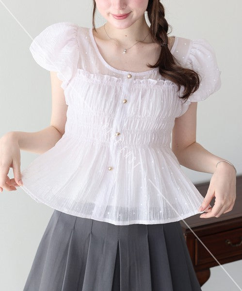 Button Shirt/Blouse Short Sleeve Shirring Puff Sleeve