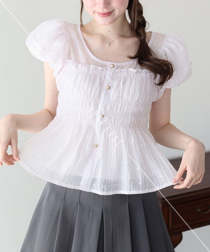 Button Shirt/Blouse Short Sleeve Shirring Puff Sleeve