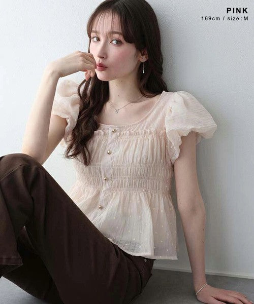 Button Shirt/Blouse Short Sleeve Shirring Puff Sleeve