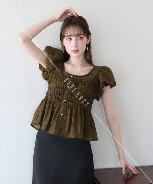 Button Shirt/Blouse Short Sleeve Shirring Puff Sleeve