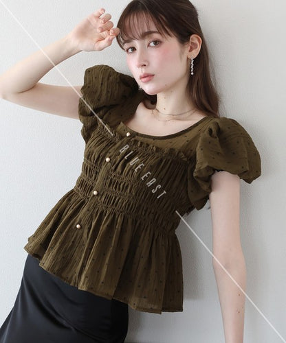 Button Shirt/Blouse Short Sleeve Shirring Puff Sleeve